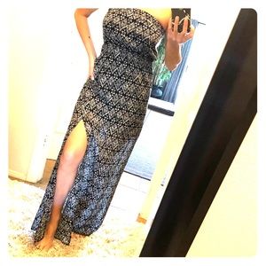 Black and white pattern strapless maxi dress